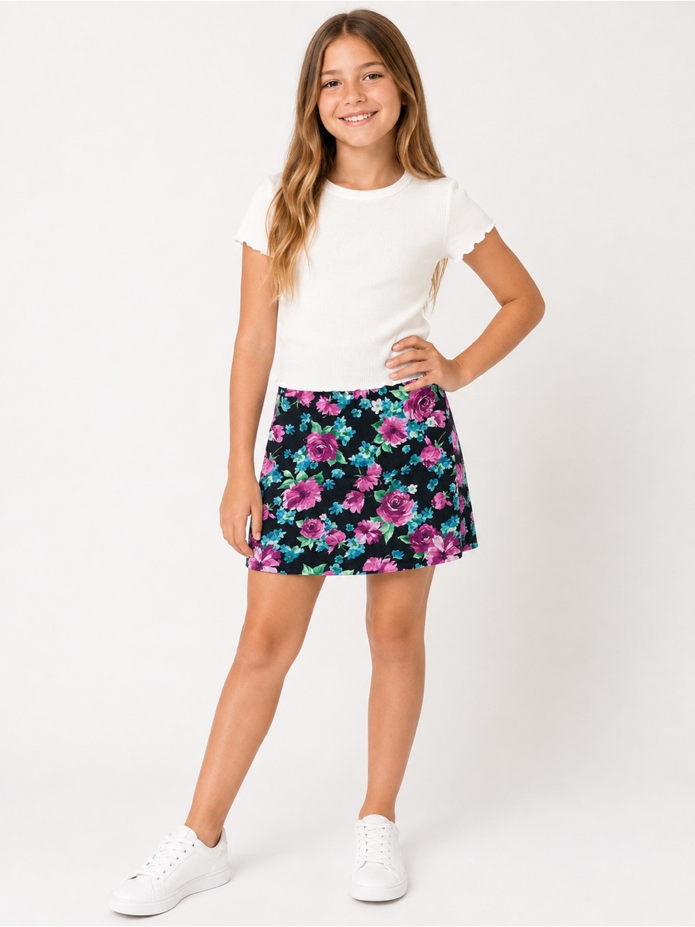 Forever 21 Girls Black Floral Mini Skirt Pink Blue Stretch Pull On Size S